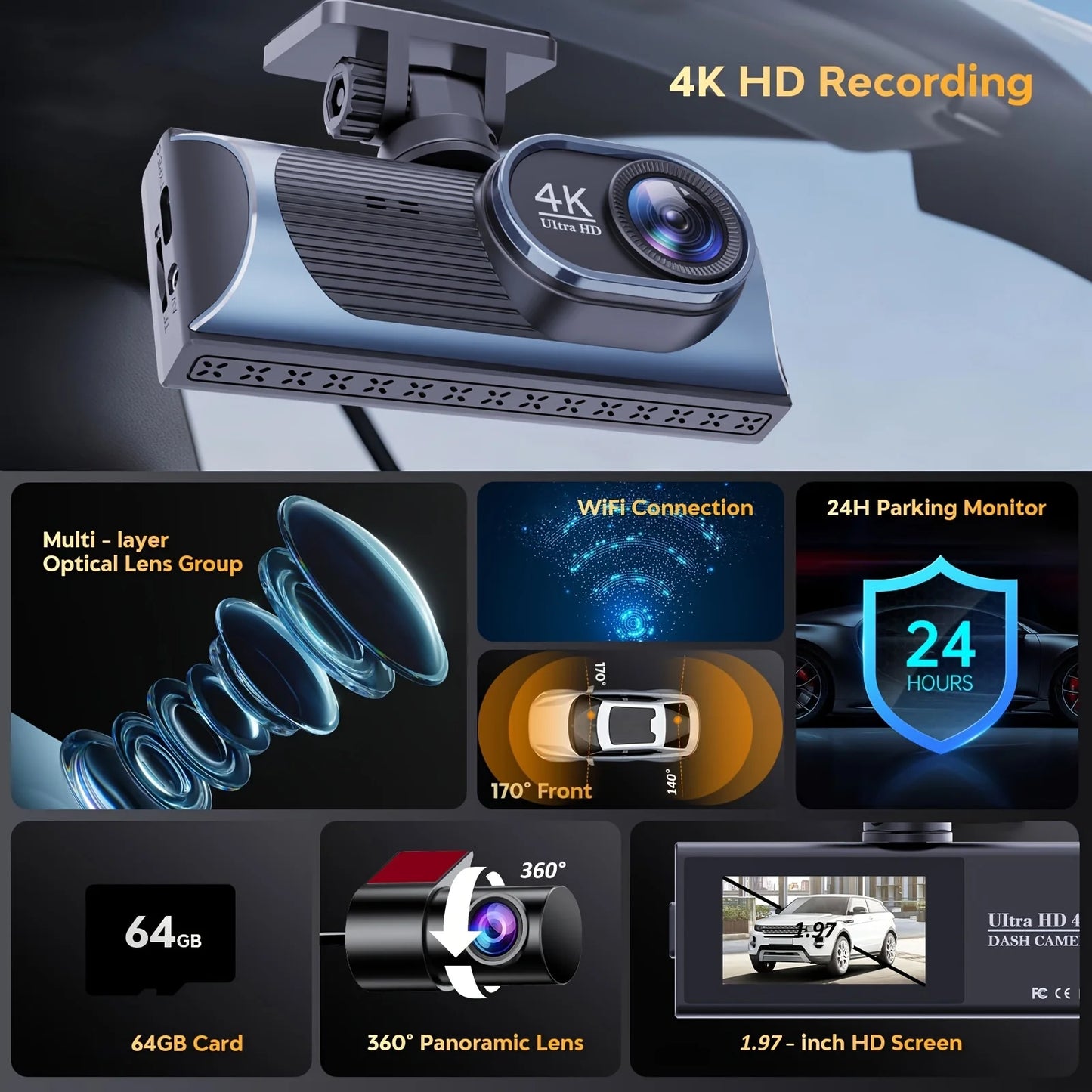Premium 4K+2.5K Dual Dash Cam with WiFi